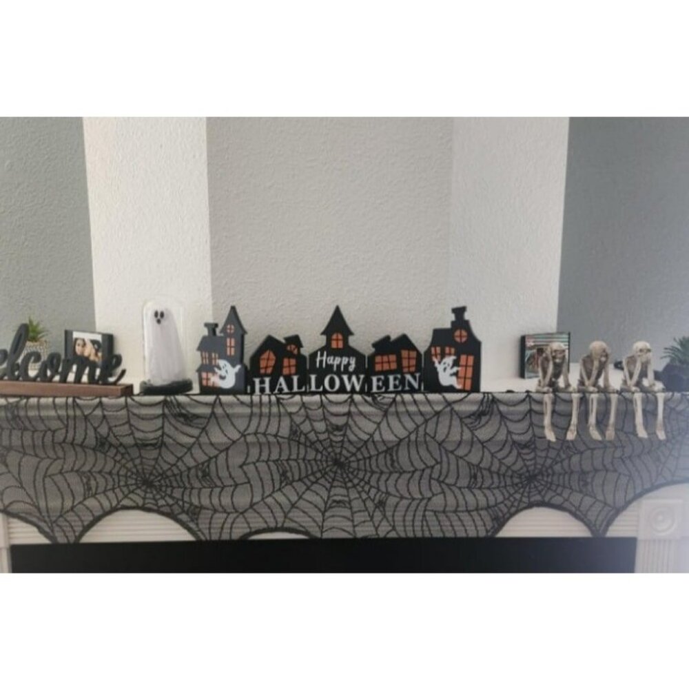 Halloween Cobweb Fireplace Scarf, Black Lace Spiderweb Mantle Scarf
